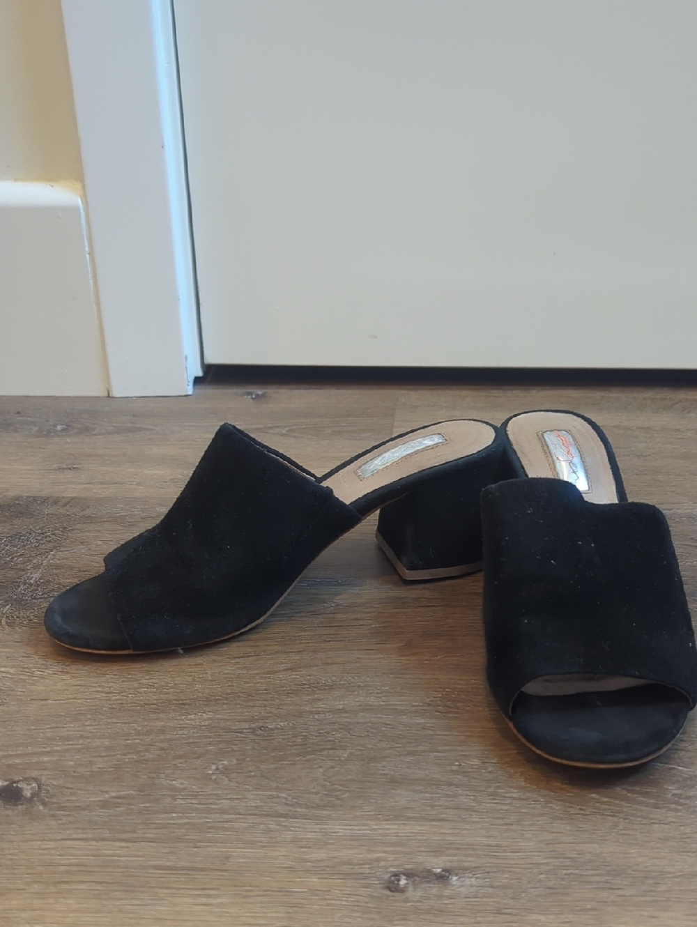 Women's Black Suede Open-Toe Mule Heels